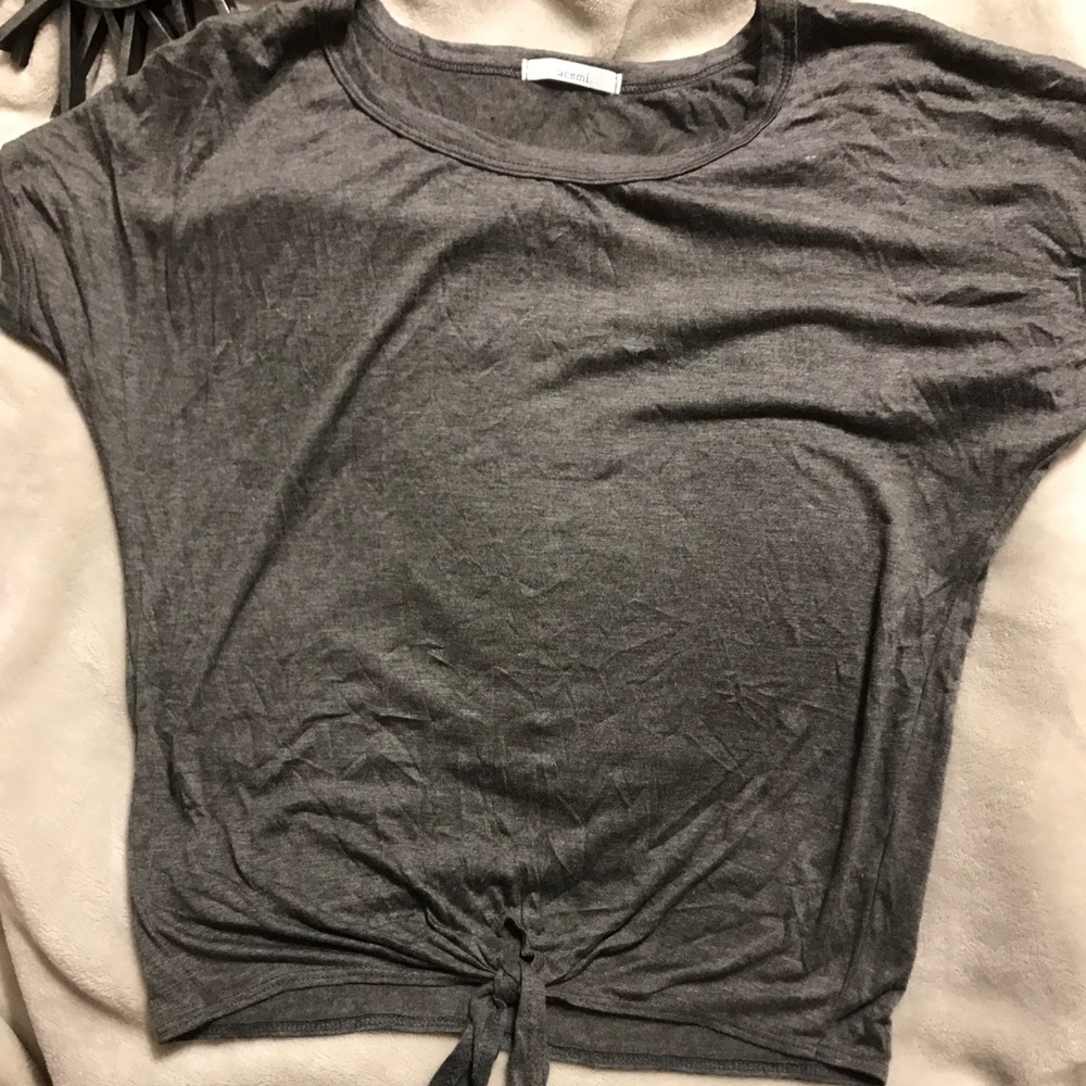 Grey Tie Front Short Sleeve Top